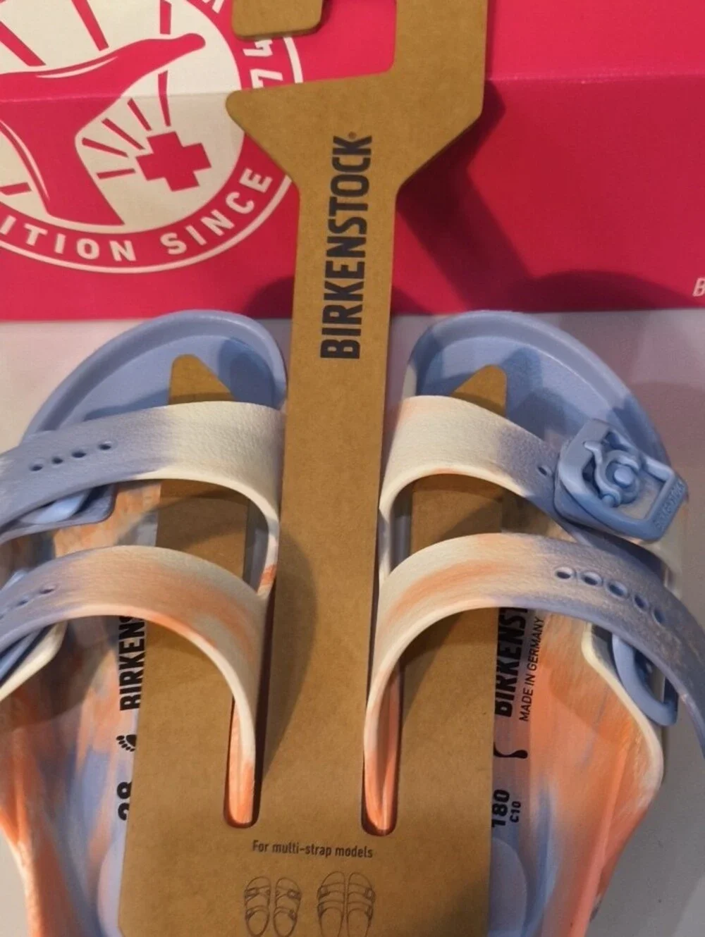 Birkenstock Kids Two-Strap Slides in Light Blue and Peach Tie-Dye